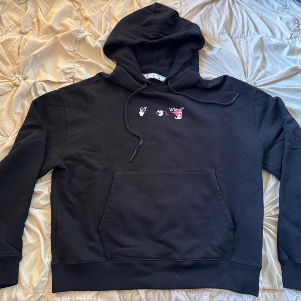 Off-White Black Hoodie with White and Pink Accents